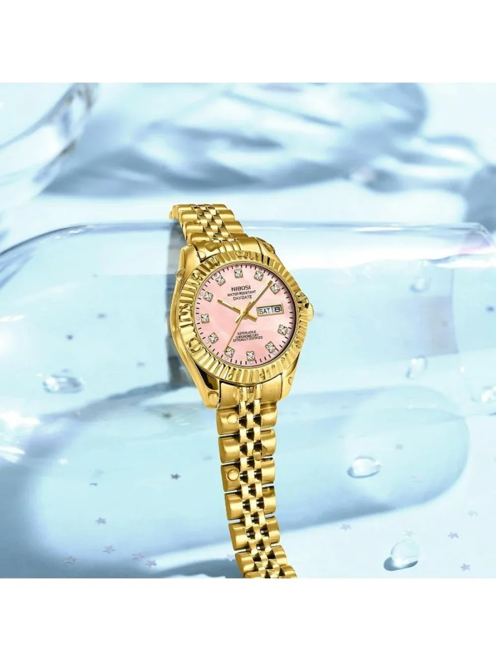 Women's Gold Pink Waterproof Luminous, Dainty Luxury Diamond Dial Ladies Watch